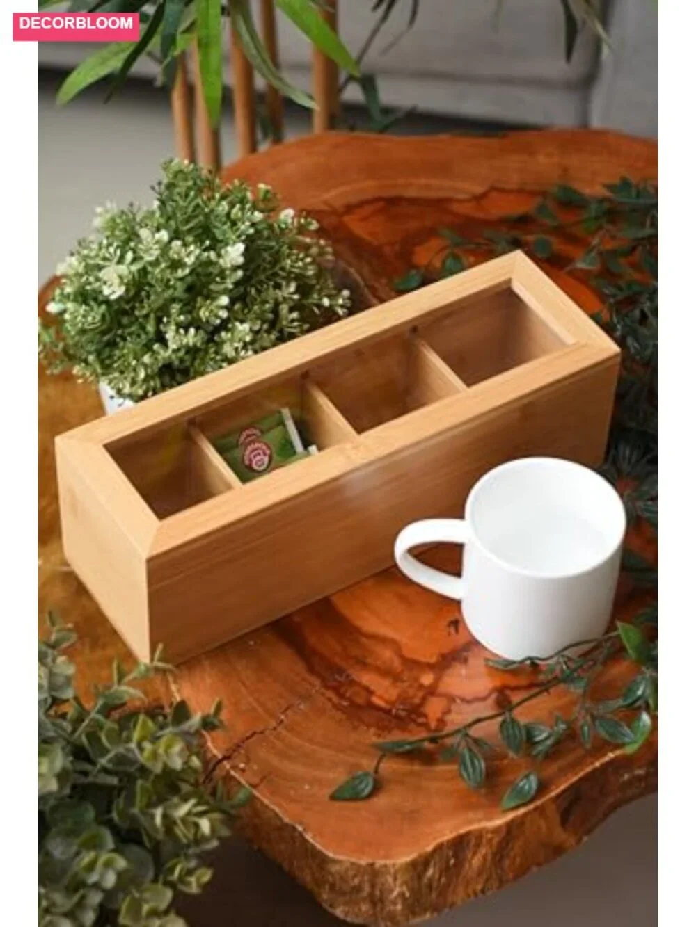 Acacia Wood Tea Bag Organizer - 8 Compartments, Storage Chest for Tea Bags &